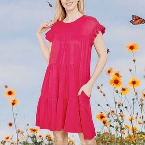 You & Me Short Ruffle Sleeve Tiered Dress w/Pockets Women’s S 4/6 Watermelon